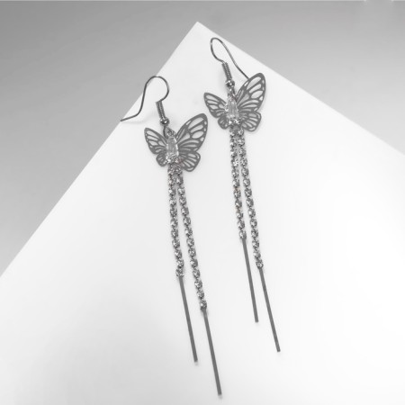 Hanging earrings with rhinestones "butterflies" threads, white color in silver, 9 cm-3