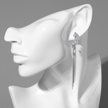Hanging earrings with rhinestones "Odyssey" style, white color in silver-2