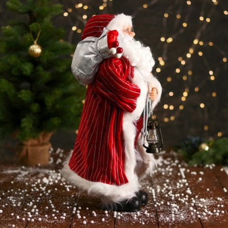 Santa Claus "in a striped fur coat, flashlight and gifts" 47 cm, white-red-1