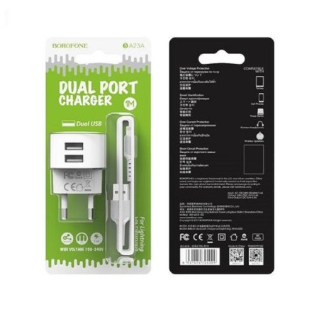 Network charger Borofone BA23A, 2XUSB, 2.4 A, Lightning cable, white-2