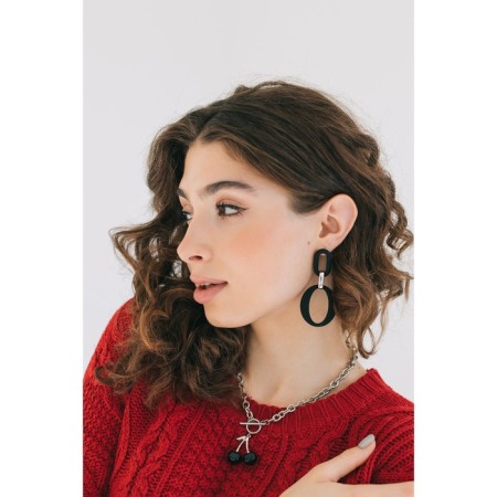 Earrings Metal “Chain” Ring and Oval, 3 links, silver-black color-3