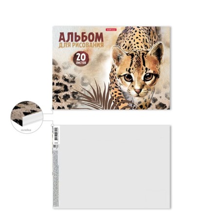 Album for drawing A4, 20 sheets, block 120 g/m², glue, Erich Krause "Wild Cat", 100% whiteness, solid substrate-1