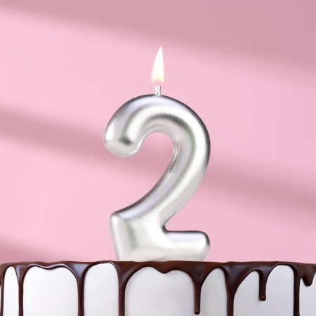 Candle in the Cake "European", number "2", 6 cm, silver