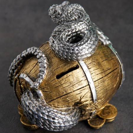 The piggy bank "Snake on the barrel" 15x11x12cm, silver with bronze-3