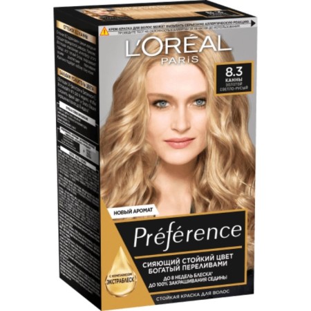 Hair dye l’Oreal preference, tone 8.3 Cannes, golden blonde