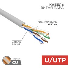 Bay cable twisted pair U/UTP, CAT 5E, PVC, 4PR, 24AWG, Indoor, Solid, Gray, 25m, Rexant