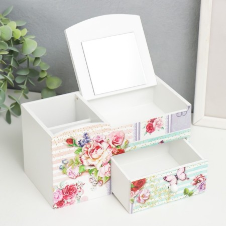 Casket Wood with a mirror and stand "Butterfly and roses" 10.8x18.5x10 cm-1