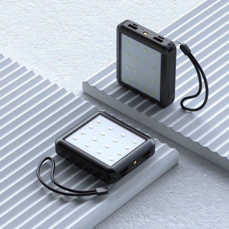 External battery 484, 10000 mAh, Type-C/Lightning/MicroUSB cables, lantern, black