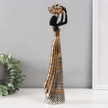 Souvenir Polystone "African with fruits on her head" Gold with black 8x6x33 cm-2