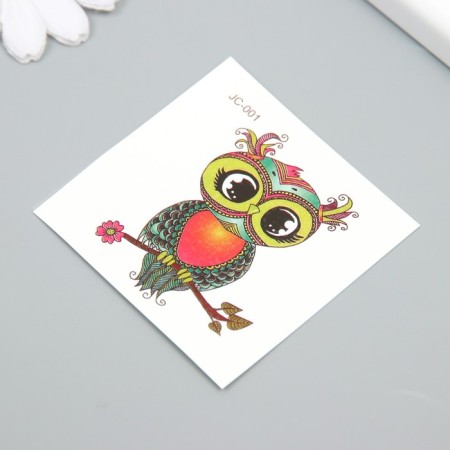Tattoo on the body color "owl on a branch with a flower" 6x6 cm-1