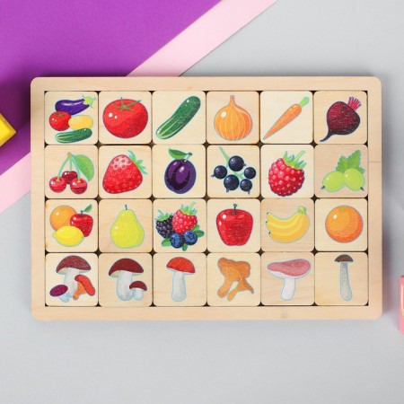 Developing wooden game "Vegetables, fruits, berries, mushrooms"