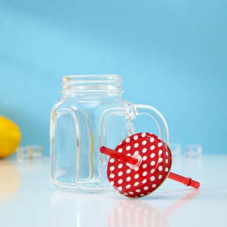 Glass Homemade glass, 450 ml, with a lid, red color-2