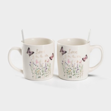A set of ceramic mugs with spoons "Spring", 2 items: 200 ml, Mix drawing