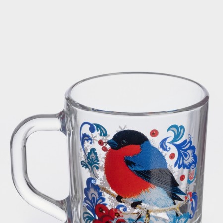 New Year's glass mug for tea "Bullfinchi in mountain ash", 200 ml-2