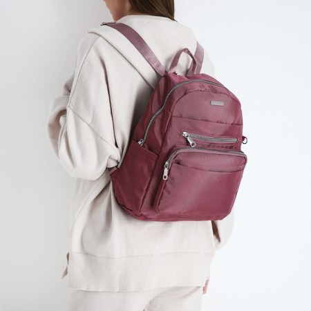 A backpack with a zipper, 5 outer pockets, pencil case, burgundy color-9