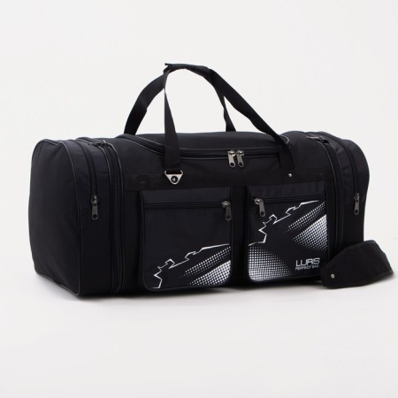 Road bag on a zipper, with an increase, 4 outer pockets, long belt color black