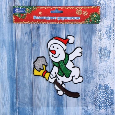 Stick on glass "A snowman with a broom in the snow" 14x11 cm-2
