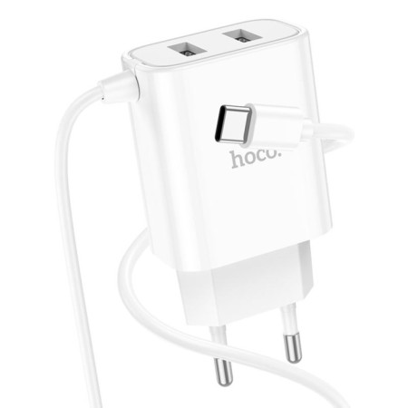 Network charger HOCO C103A, 2 USB, 2.1 A, built-in Type-C, 1 m, white cable.