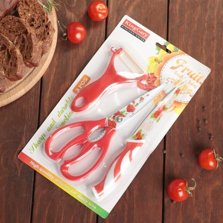 A set of kitchen supplies "Flowering", 3 objects: a knife 12.5 cm, scissors, vegetable vegetables, red color red