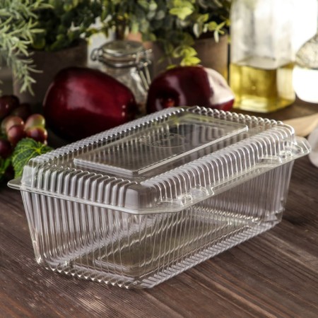 The plastic disposable container with an insoluble lid pr-K-29, 500 ml, 24.8 × 15.2 × 9.2 cm, the color is transparent
