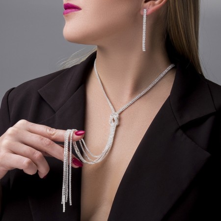 Set 2 objects: earrings, pendant "Elegance" burn, white color in silver, 42 cm