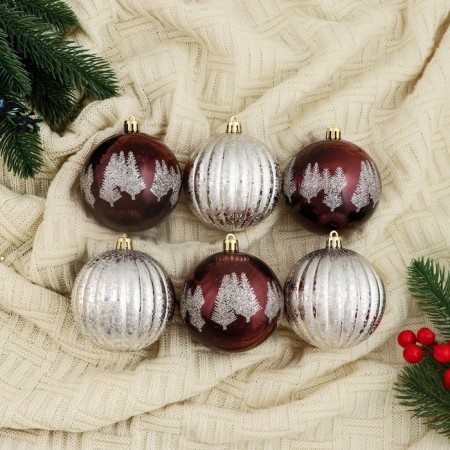 Set of balls plastic D-8 cm, 6 pcs "Fairytale patterns" feathers of stripes, brown silver