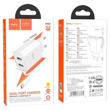 Network charger HOCO C103A, 2 USB, 2.1 A, built-in Type-C, 1 m, white cable.-7
