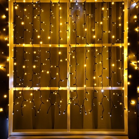 Garland "Curtain" 2 × 1.5 m, IP65, UMS, dark thread, 360 LED, glow warm white, white flicker, 220 V