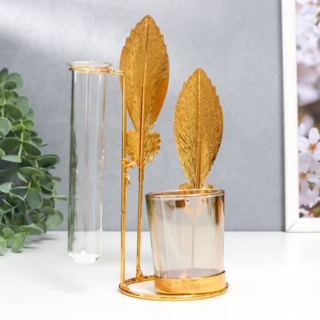 Summary Metal, glass for 1 candle with a vase "Golden feathers" D-5 cm, 7.5x14x19.6 cm-2