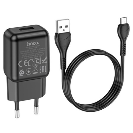 Network charger Hoco C96a, 1 USB, 2.1 A, Micro USB -USB, 1 m, black cable-1