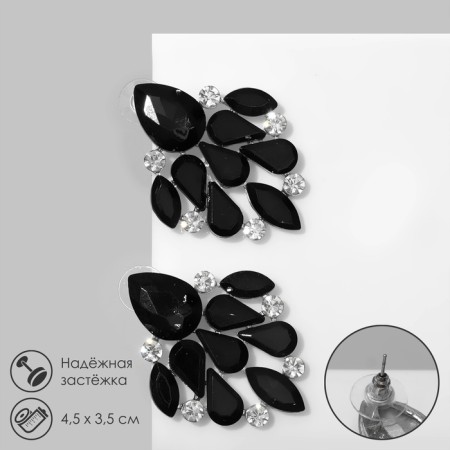 Earrings with rhinestones "flash" drops, black and white color in silver