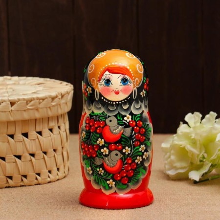 Matryoshka "Bullfinchi in mountain ash", black scarf, 5 puppet, 15 -18 cm-4