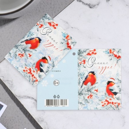 School Postcard "Winter Miracles!" glitter, bullfinches, 11.5x8.5 cm