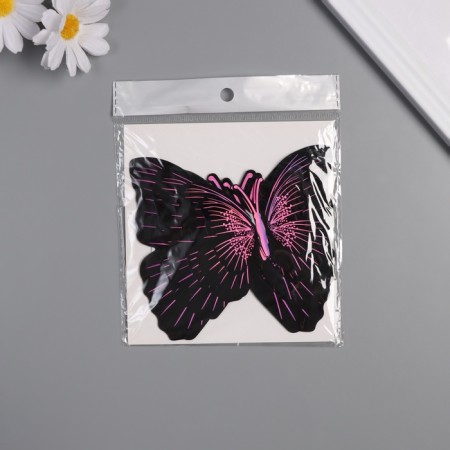Plastic sticker "Black butterflies with purple" double wings set 12 pcs 12 cm, 10 cm 8 cm 105242-2