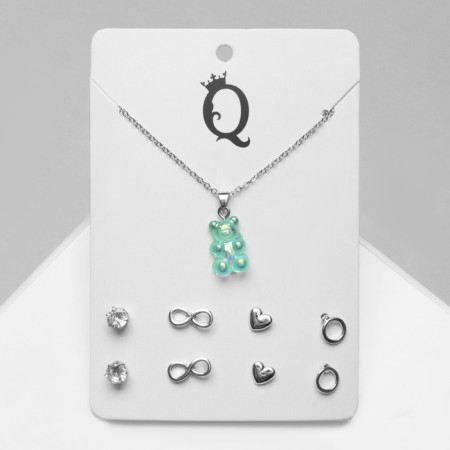 Set of 5 objects: earrings (4 pairs), pendant -boot and marmalade bear, tiffany color in silver, 40 cm