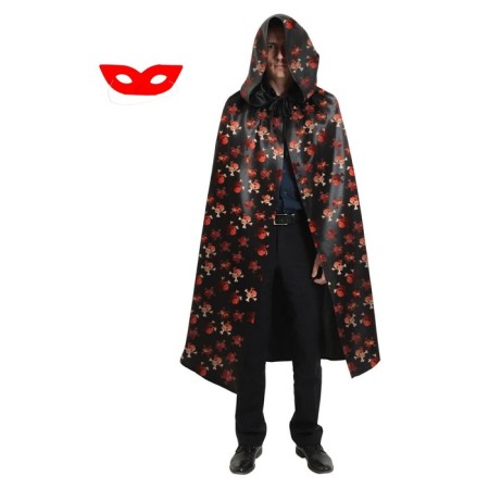 Carnival cloak with red skulls and hood, satin, length 120 cm + mask-1