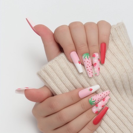 Follow nails "Strawberry", 12 pcs, with adhesive plates, ballerina shape, multi -colored-9