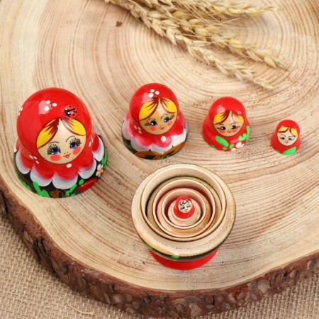 Matryoshka "God's cow", red scarf, 5 puppet, 9-11 cm-7