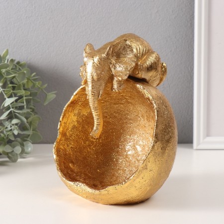Souvenir Polystone stand "Elephant with a large stone bowl" gold 13x15x18 cm-3