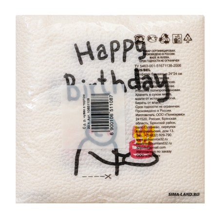 Single -layer paper napkins "Happy Birthday" dude with a cake 24x24 cm, set of 20 pcs.