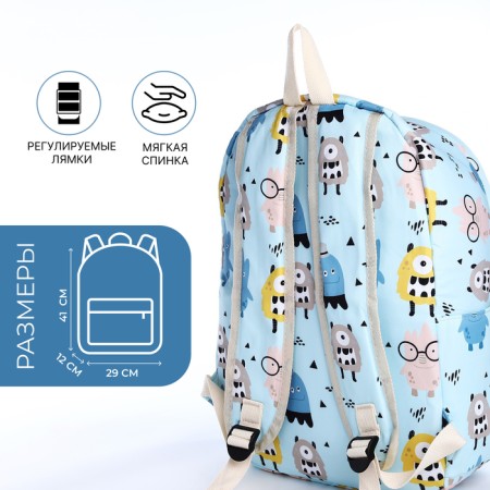 School backpack from textiles on a zipper, 3 pockets, pencil case, blue color-1