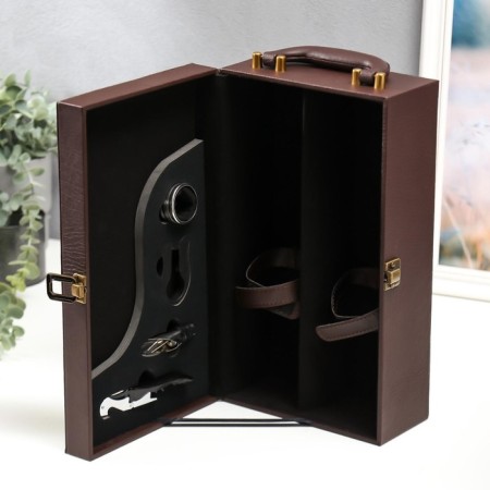 Casket Wood, leatherette for 2 bottles "Twisted cage" 4 items 34.5x19.5x12 cm-2