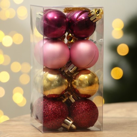 Christmas tree balls New Year, for the New Year, plastic, d = 3 cm, 16 pcs., Wine, pink and gold color-2