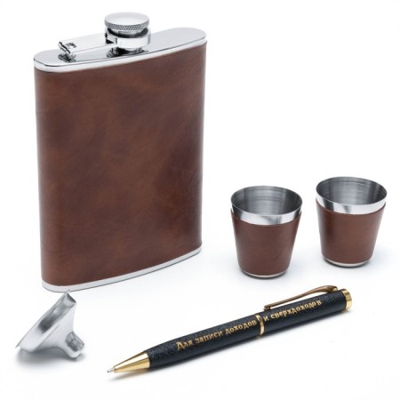 Gift set 5 in 1: Flaw 240 ml, funnel, pen, 2 glasses, brown, 17 x 21 cm