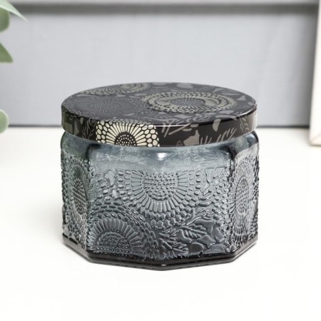 Bank for candles glass with a "flower" gray lid, polyhedron 5x7x7 cm, mix