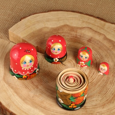 Matryoshka 5-doll "festive red" with God's cow, 10-11 cm-11