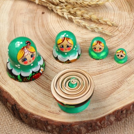 Matryoshka "God's cow", green dress, 5 puppet, 10-12 cm-7