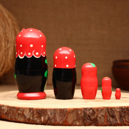 Matryoshka 5-doll "festive red" with God's cow, 10-11 cm-1