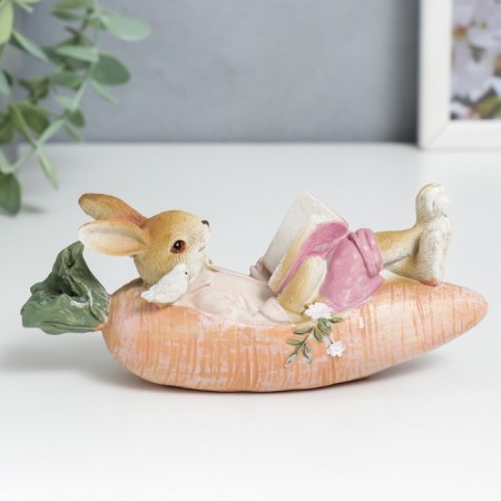 Polystone souvenir "Rabbit read a book in a carrot boat, with a bird" 6x5x14.5 cm-1