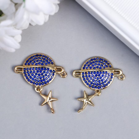 Connector for creativity Metal 2 Ears "Planet and Star" Blue rhinestones 2.7x3 cm-2